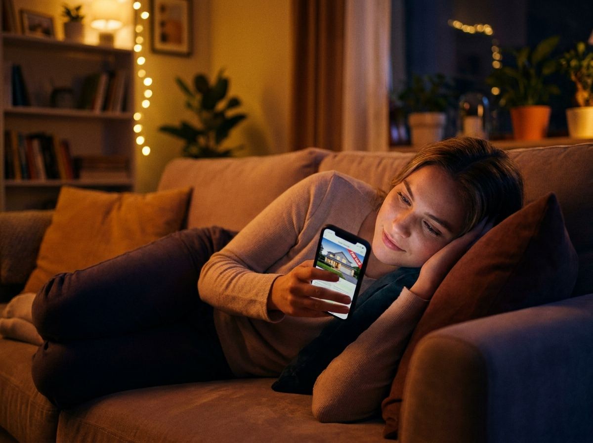 Persona revisando anuncios de propiedades en su celular de noche