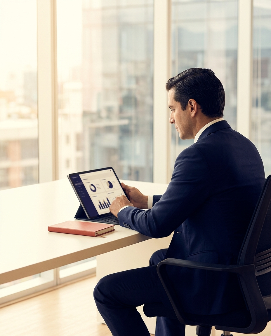 Asesor revisando en una tablet los leads de una inmobiliaria
